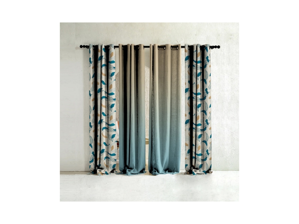 Polyester Floral & Ombre Digital Print Room Darkening Curtains - Set of 4 (Teal & Nude)